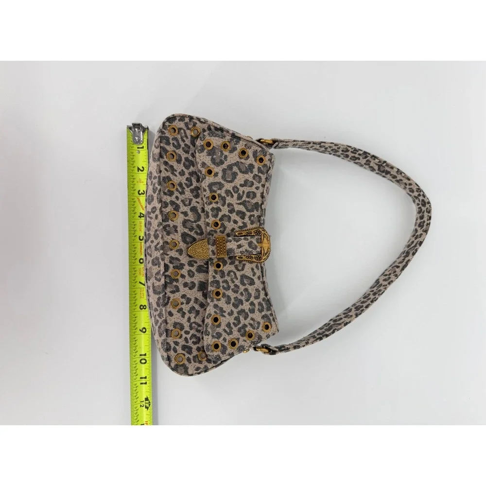 Betsey Johnson Leopard Print Baguette Shoulder Bag Grommet Western Buckle Tan